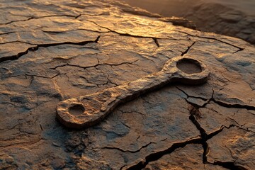 A rusted, ancient metal tool with two holes lies on dry, cracked earth, illuminated by warm, golden light, suggesting desert or ruin.