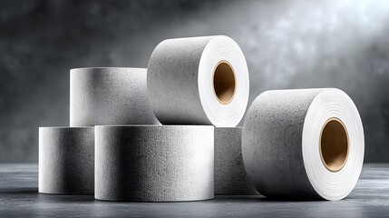 Multiple rolls of blank white adhesive labels are neatly arranged on a minimalist grey surface under clean studio lighting with soft shadows.