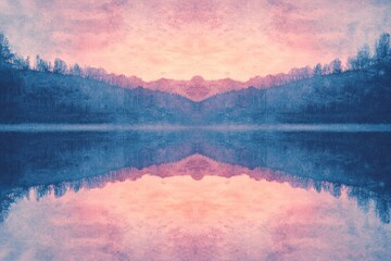Naklejka premium A symmetrical, abstract landscape mirroring dense forests in water under a dramatic sky, merging pink and blue textures.
