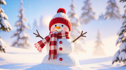 Obraz premium Joyful snowman in a winter wonderland with snowy trees
