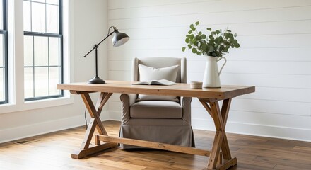 Bright and airy modern farmhouse home office with a rustic wooden desk and a cozy armchair