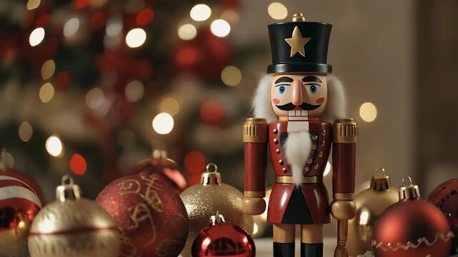 Traditional wooden nutcracker soldier figurine standing among festive red and gold Christmas baubles with a decorated tree in the background