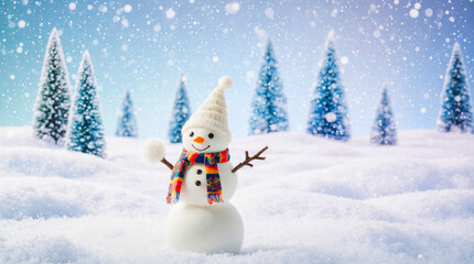 Fototapeta premium Charming snowman in a snowy forest with falling snowflakes