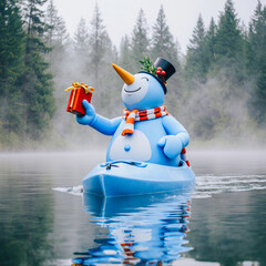 Fototapeta premium Joyful snowman floats in kayak holding a christmas gift