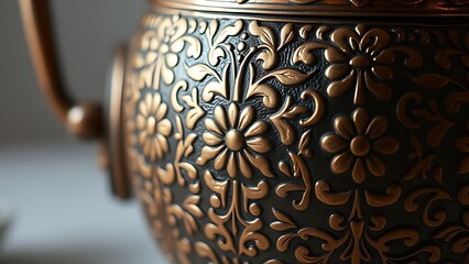 unstylish. Copper vessel with intricate Ottoman floral patterns, detailed metalwork close-up. event programs, museum guides, designed for cultural heritage projects and event programs.