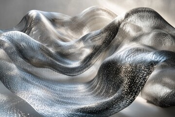 Abstract undulating mesh sculpture with metallic sheen and intricate texture, resembling a futuristic landscape or woven fabric under dramatic lighting.