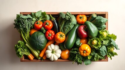 topdown. Wooden crate overflowing with fresh vegetables, captured from above with natural light and neutral backdrop. menu design.