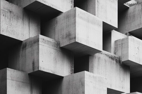 A striking abstract composition of textured concrete blocks, showcasing intricate geometric forms and deep shadows, creating a compelling brutalist architectural pattern in monochrome.