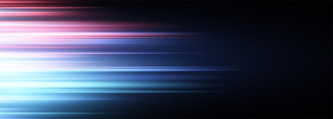 Black wide modern abstract technology background with blue and red glowing high-speed and movement light effect. Vector illustration