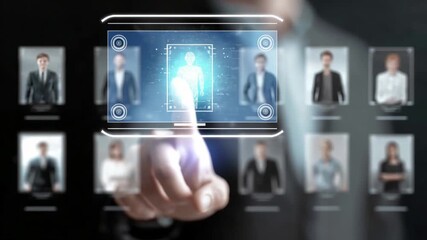 A professional is selecting a candidate from a digital interface showcasing multiple profiles. The backdrop shows a sleek office environment and engaged colleagues - Powered by Adobe