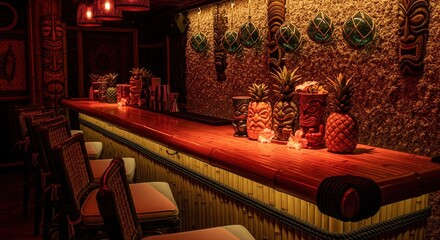 Atmospheric tiki bar interior with a bamboo counter exotic tiki mugs and warm ambient lighting