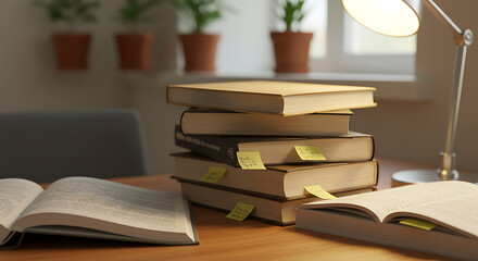 A tranquil study scene featuring a stack of old books with bookmarks on a wooden desk under the warm glow of a lamp