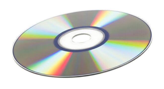 Isolated compact disc reflecting light showing rainbow colors on a white background close up view