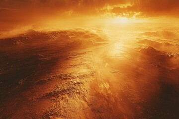 A fiery, alien landscape bathed in a glowing orange atmosphere, revealing vast, rugged terrain under an intense horizon light.