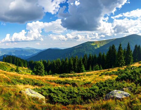 A vibrant mountain vista with rolling hills, lush green forests, and a bright blue sky filled with fluffy white clouds