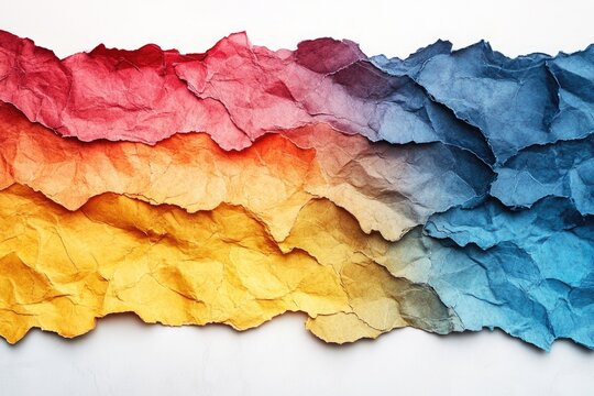 Vibrant, crumpled paper strips create a horizontal color gradient from warm reds/oranges to cool blues, showcasing rich texture and abstract design.