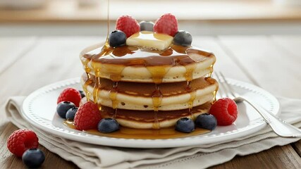 Golden syrup slowly drips down a warm, fluffy stack of pancakes, topped with a melting pat of butter and fresh, juicy berries. This delicious, comforting breakfast scene on a rustic wooden table evoke
