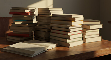 Towering stacks of hardcover books on a wooden table, with one open, illuminated by warm sunlight, symbolizing knowledge and education
