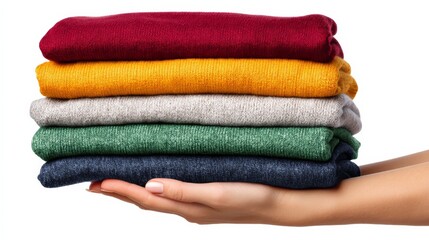 Hand holding a neatly stacked pile of fresh, folded laundry in various vibrant colors against a clean background