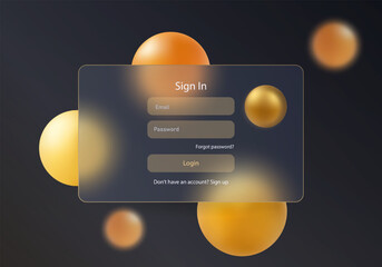 Dark login screen in glass morphism style with glowing gold interface elements in warm amber tones