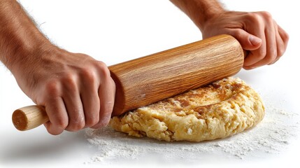 Close-up of hands using a wooden rolling pin to flatten dough on a white surface sprinkled with flour