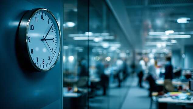Modern office clock ticking away as blurred figures work diligently in a busy, dynamic workspace