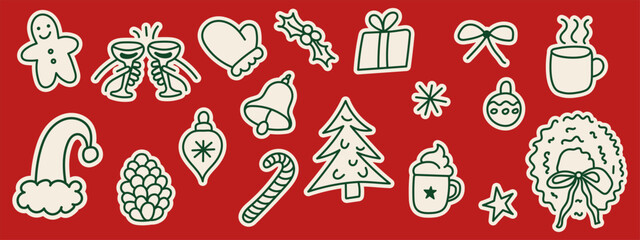 Set of hand-drawn Christmas doodle icons including tree, wreath, gifts, mittens, bell, ornaments, drinks, candy cane, holly, and festive symbols on a red background