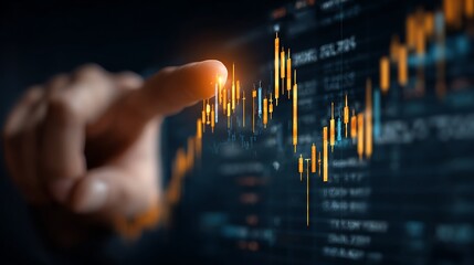 Hand touching glowing stock market chart, financial analysis.