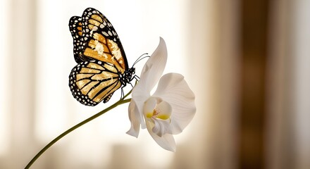 A Monarch butterfly delicately perched on an elegant white Phalaenopsis orchid bloom, against a soft, warm background.