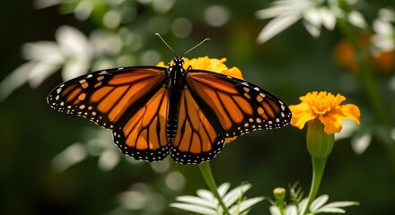 A Monarch butterfly resting on a yellow or orange garden flower with a blurred green background (bokeh effect).