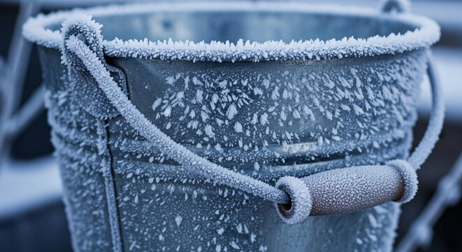 A close-up of a frosty metal bucket covered in ice crystals. The bucket has a wooden handle and is set against a blurred winter background.