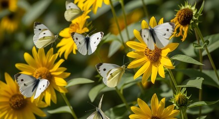 Small white and yellow butterflies (Cabbage White or Sulphur) feeding on bright yellow flowers in sunlight in a garden.