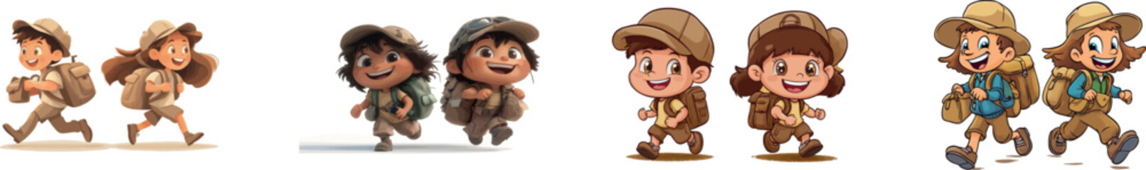 A modern clip art illustration with simple gradients shows cartoon kids running, all dressed up in safari costumes, and each kid is on a separate layer