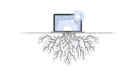 Laptop with deep roots symbolizing technology foundation and growth, Generative AI.
