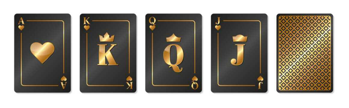 Black playing cards with golden symbols of the Ace, King, Queen and Jack of Hearts