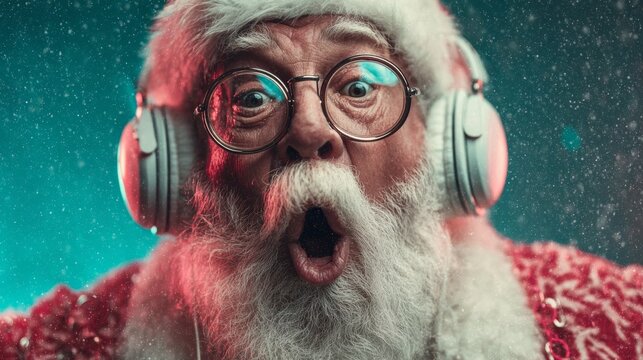 Groovinâ€™ with santa: a night of dance and christmas cheer. Edgy editorial. Groovy santa dj: holiday vibes and music at a vibrant christmas party. Abstract beauty. Grotesque style.