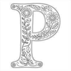 Floral Letter P Coloring Page, Decorative Alphabet Outline with Flowers and Leaves, Botanical Monogram Coloring Design