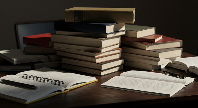 Stack of books and an open notebook with a pen on a wooden desk in a dimly lit room, suggesting a study or work environment - Powered by Adobe