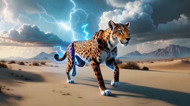 Majestic Leopard in Desert with Lightning Storm - A Powerful and Dynamic Scene.