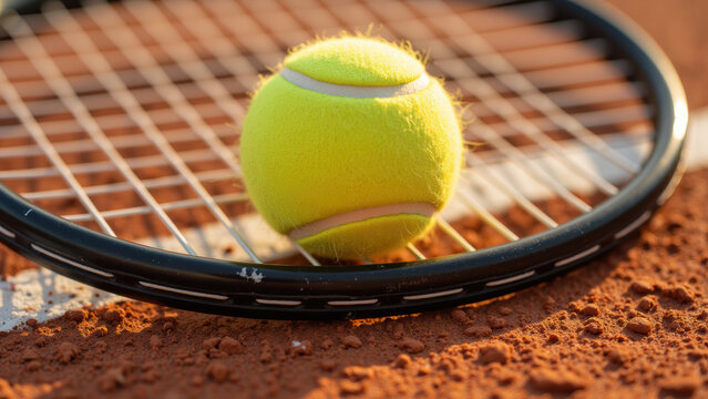 Vibrant yellow tennis ball rests on tennis racket, showcasing texture of ball and details of racket strings against clay court background - Powered by Adobe