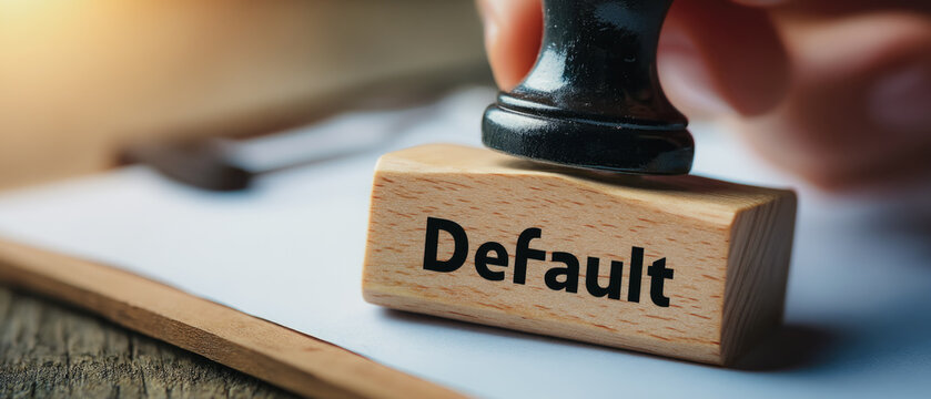 Close up view of a wooden stamp with the word default on it being held by a person on a document