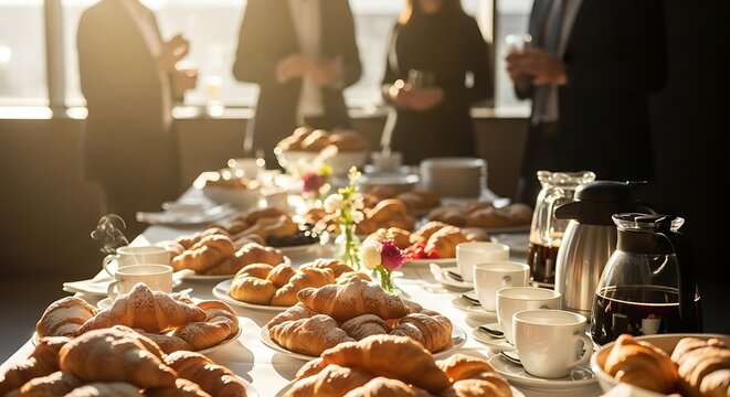 Morning coffee break at a business seminar, featuring a table of fresh croissants and beverages for attendees to network