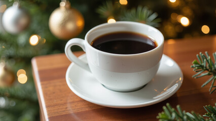 Cozy cup of coffee sits on wooden table, surrounded by festive decorations and warm lights, creating comforting holiday atmosphere