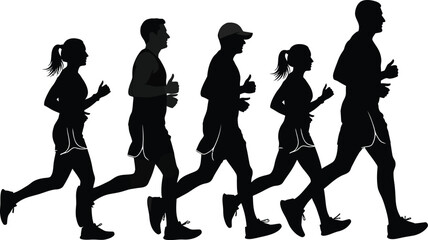 Running marathon silhouette group fitness exercise healthy lifestyle eps