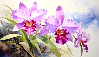 Watercolor illustration showcasing vibrant Cattleya orchids in full bloom with pink and magenta petals, set against a soft, hazy background