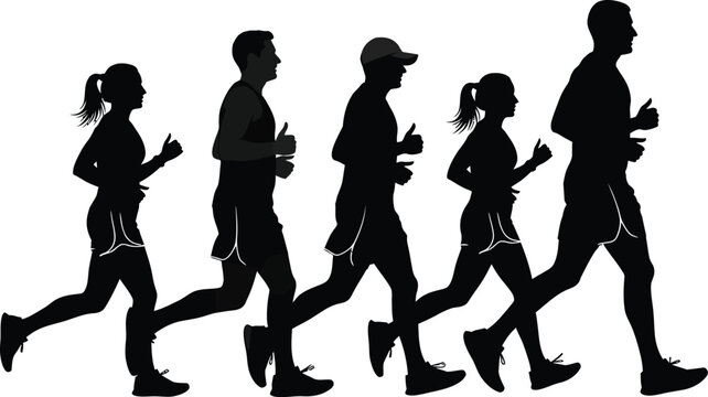 Running marathon silhouette group fitness exercise healthy lifestyle eps