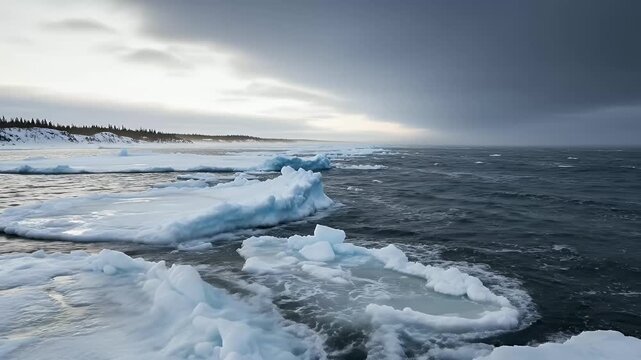 Turbulent ocean waves crash against large, snow-covered ice floes drifting along a remote, frozen coastline. A dramatic, stormy sky looms overhead, creating a powerful and moody atmosphere. This majes