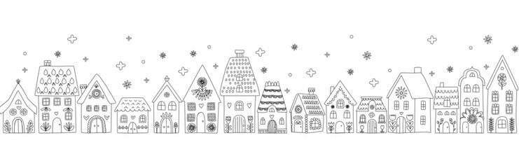 Naklejka premium Scandinavian Winter Village Doodle seamless pattern, Cozy Folk Art Houses Illustration