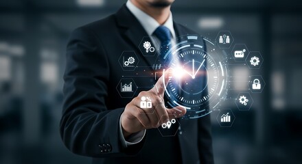 Businessman touching a futuristic interface with icons representing business, technology, and time management, symbolizing digital transformation and efficiency