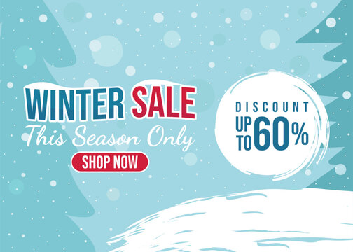 Big winter sale horizontal banner with a snowy background and winter landscape illustration, for promotions, advertising, discounts, sale posters, and seasonal marketing.